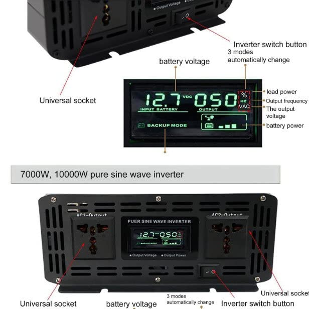 Przetwornica napięcia 7000 W/10000 W DC 24 V/48 V do AC 230 V 240 V czysta fala sinusoidalna przetwornica napięcia, wyświetlacz napięcia 2 uniwersalny Gniazda, falownik do przyczepy,7000W-12V