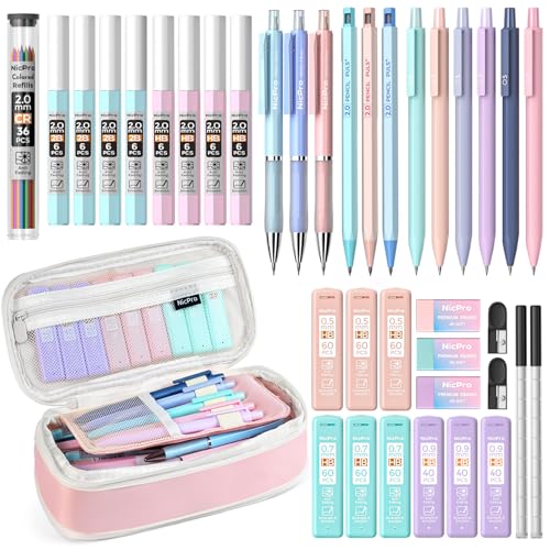 Nicpro 38PCS Aesthetic School Supplies in Pink Pencil Case Cute Mechanical Pencil 0.5 0.7 0.9 & 2.0 mm with 18 Lead Refills Pastel Mechanical Pencil Set for Students Girls Writing Drawing Drafting