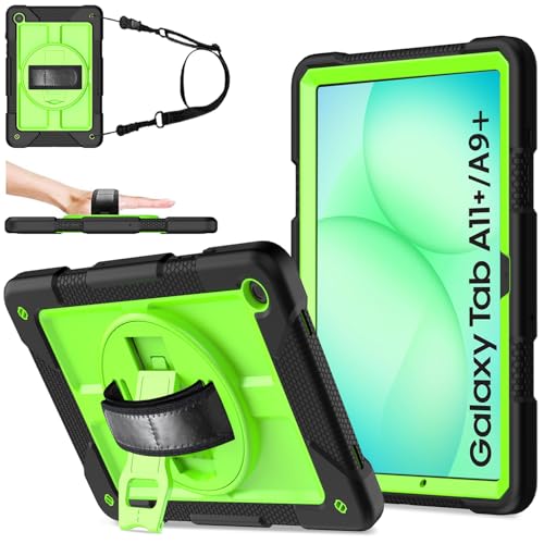 TOPWANT Coque pour Samsung Galaxy Tab A11 Plus 2025/Tab A9 Plus 11" 2023 (SM-X210/X216/X218), coque résistante aux chocs avec [support rotatif à 360°] [dragonne] [bandoulière], vert