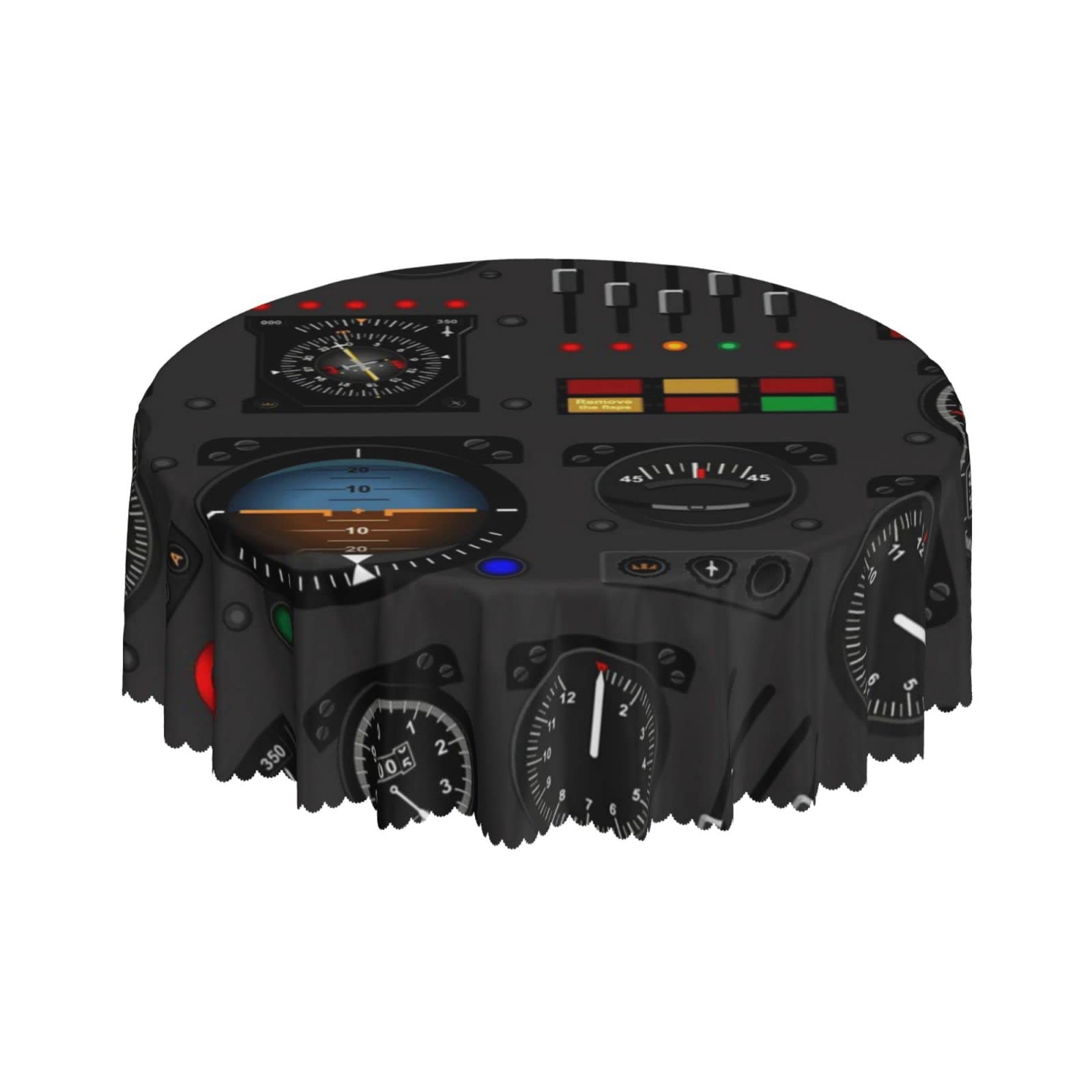 Lsjuee Airplane Instrument Panel Black Round Tablecloth 60 Inch Printed Washable Tablecloth for Dining Party Holiday Fall Home Decorative