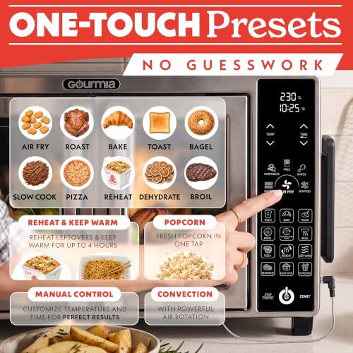 Image of Gourmia French Door Air Fryer Toaster Oven - 6 Slice Capacity, Temperature Probe, 18 Cooking Presets, FryForce, Digital Display, 3 Rack Positions, Dishwasher-Safe Accessories, Stainless Steel