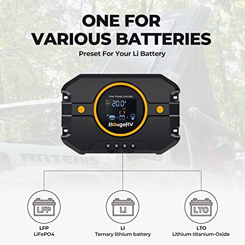 Image of BougeRV 20A PWM Solar Charge Controller with APP Control, Backlit LCD Display, USB Port, 12V /24V, Compatible with Lithium /AGM /Gel /FLD Batteries, Ideal for RV Marine Boat Off-Grid Systems