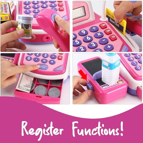Image of Cable World Grocery Store Pretend Play Electronic Toy Cash Register Set - STEM Cash Register for Kids with Microphone, Play Money, and Food Basket - Kids Checkout Toys with Scanner- Pink