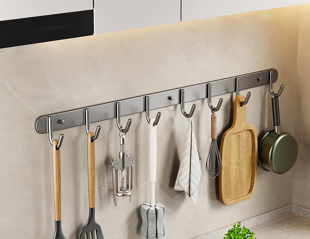 Xyagyund Grey Hanging Pot Rack, Kitchen Utensils Holder 2 Pieces Utensil Rack Stainless Steel Wall Mounted Hooks With Removable Utensils Holder(,60Cm)