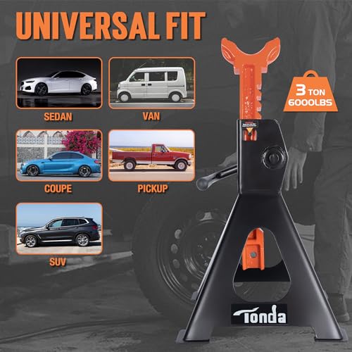 Image of TONDA Jack Stands 3 Ton, Extra Tall Heavy Duty, Black, 1 Pair | 13.39 inch-21.06 inch Adjustable Height, For SUV, MPV and UTV /ATV, Self-locking Ratcheting,