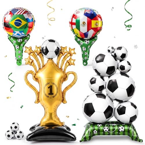 Teyva Daily 4 Pcs Soccer Balloons Party Decorations 4.9ft Giant Self Standing Soccer Gold Champion Trophy Foil Balloons 1.5ft International Flag Cheer Balloon for World Tournament and Event Decor