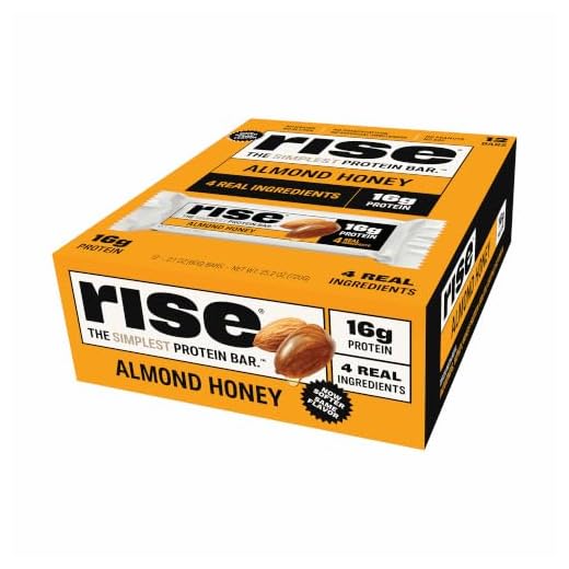 Rise Whey Protein Bars - Almond Honey | Healthy Breakfast Bar & Protein Snacks, 20g Protein, 4g Fiber, Just 3 Whole Food Ingredients, Non-GMO Healthy Snacks, Gluten-Free, Soy Free Bar, 12 Pack