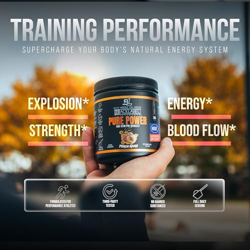 Image of Blacklabel Pure Power Pre Workout Powder, Peach Rings (30 Servings) - NSF Certified for Sport - Caffeine Free Non Stim Pre Workout with Creatine Monohydrate & Peak ATP for Energy & Endurance