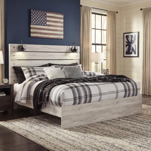 Image of Signature Design by Ashley Cambeck King Panel Bed, Built-in Lights and USB Ports, Rustic Farmhouse Design, King Size Bed Frame with Headboard, Whitewash