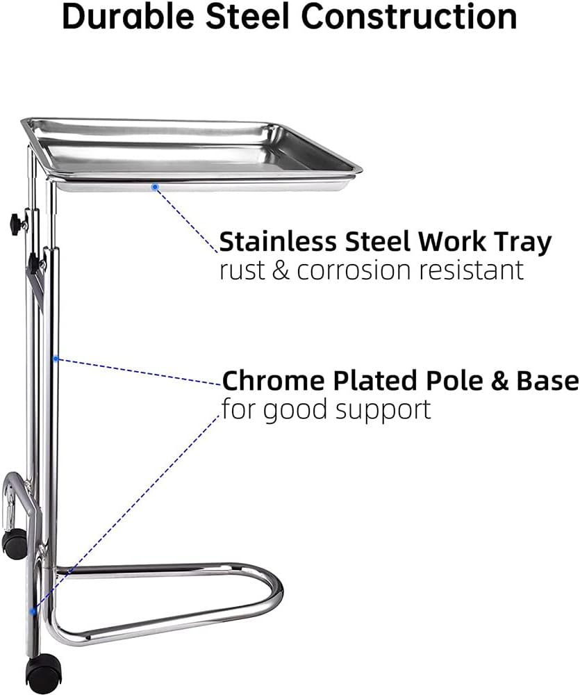 Mayo Tray Stand Metal Stand Adjustable Height with Swivel Casters Removable Stainless Steel Tray Surgical Procedures Medical Spa Salon Instrument Equipment : Industrial & Scientific