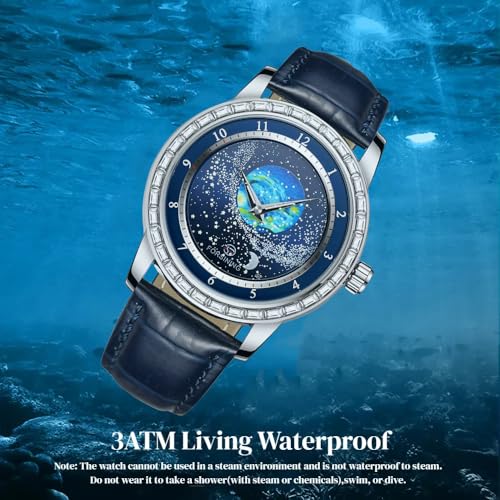 Image of FORSINING Watches for Men Rhinestone Inlay Rotational Starry Sky Moon Phase Mechanical Automatic Watch Waterproof for Business Leather Wristwatch