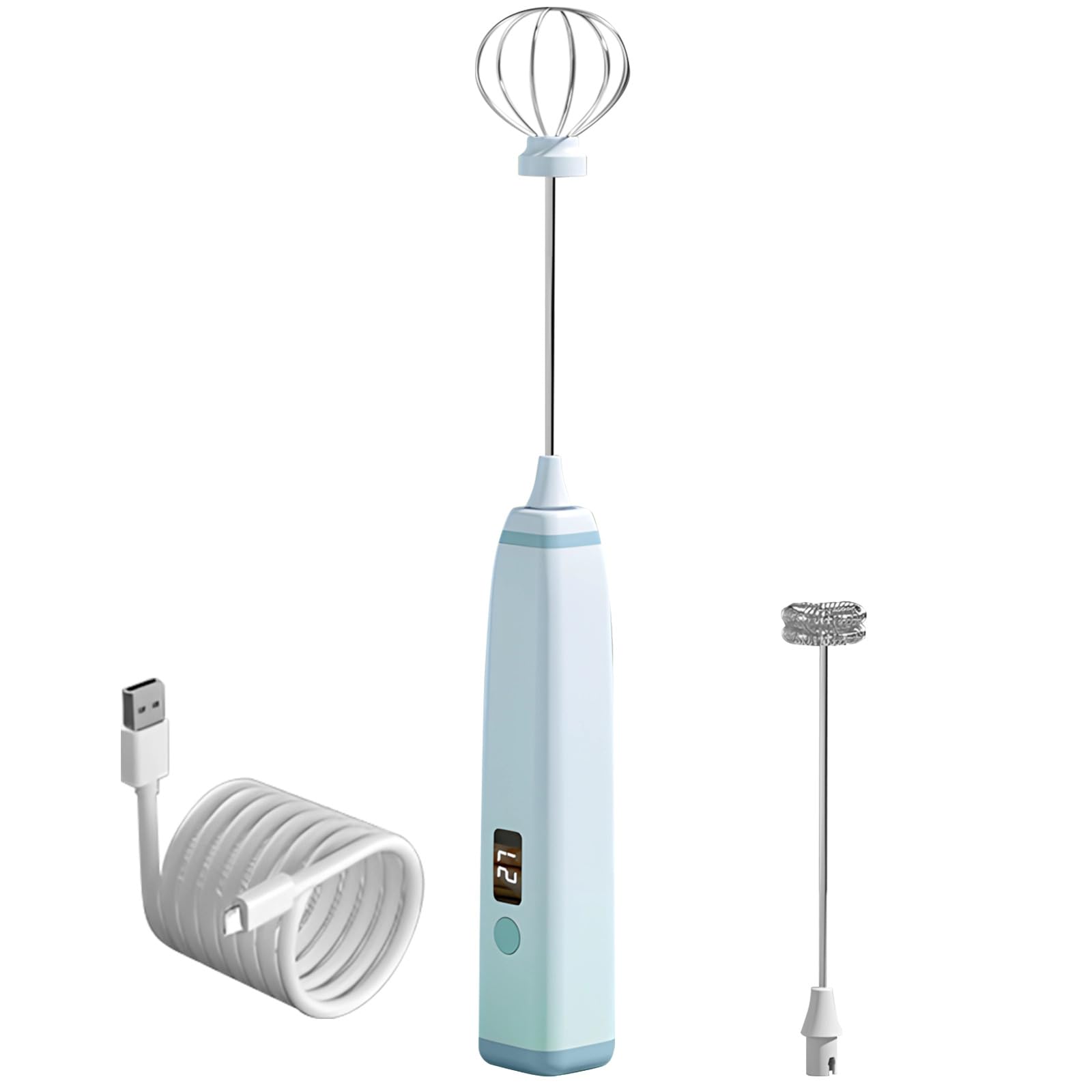 Montalatte portatile, elettrico, per caffè e cottura, batteria integrata con display a LED, ricarica USB, testa extra inclusa, design nero compatto, schiumatura e frusta wireless