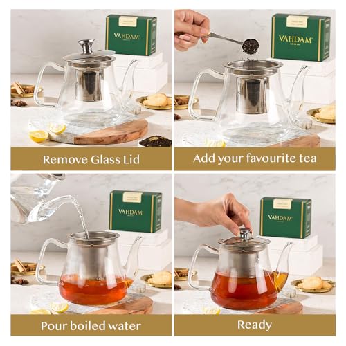 Image of VAHDAM, Premium Borosilicate Glass Tea Pot with Infuser|1000 ml Tea Pot for Loose Tea | Perfect Tea Maker | Stove Safe & Microwave Safe Tea Steeper | Scratch Free Glass Teapot
