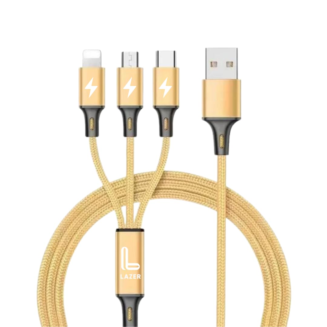 Lazer 3-in-1 Fast Charging Cable | Universal USB Charging Cord for iPhone, Android & Type-C | High-Speed Unbreakable Charging & Data Sync| 2.1 A Speed Compatible with Smartphones, Tablets (Gold)