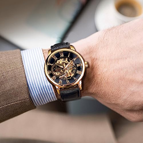 Image of FORSINING Men's Skeleton Watch Steampunk Watch Black Mechanical Watch for Men Minimalist Retro Design Mechanical Skeleton Wrist Watch Transparent