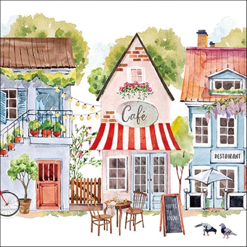 20 servilletas de papel con diseño de ciudades de café entre casas. Servilletas de papel con diseño. También para decoupage y decoupage, 33 x 33 cm