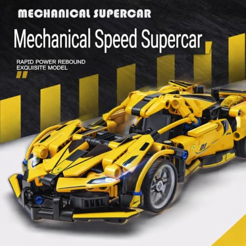 Image of Rush 1:18 Scale Pull Back Racing Car Building Block Set (422 PCS) - Yellow Ferrari Style | DIY Model Car Kit for Kids & Adults | Compatible Racing Brick Toy for Collectors