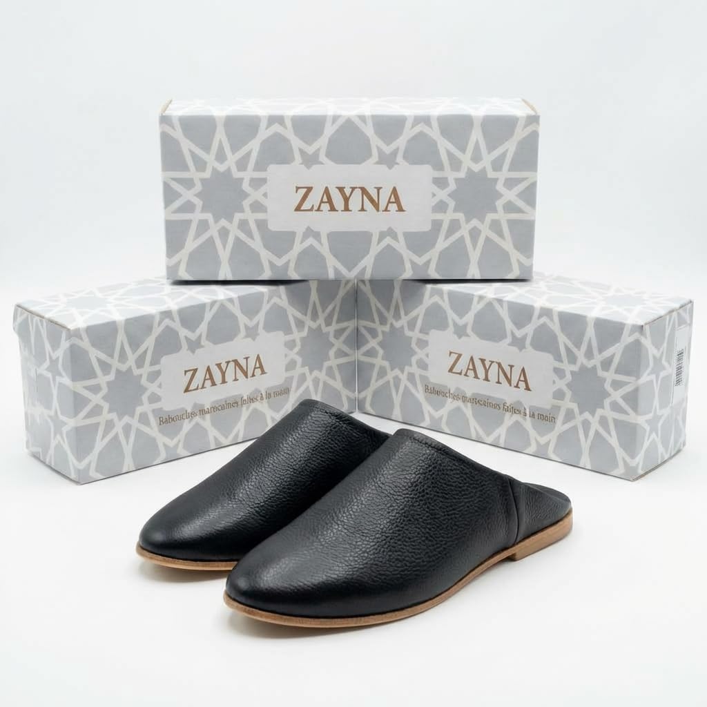 ZAYNA Babouches Marocaines en Cuir Véritable, Fait Main à Fès, Unisexe, Design Traditionnel et Confort Quotidien, Intérieur et Extérieur Léger