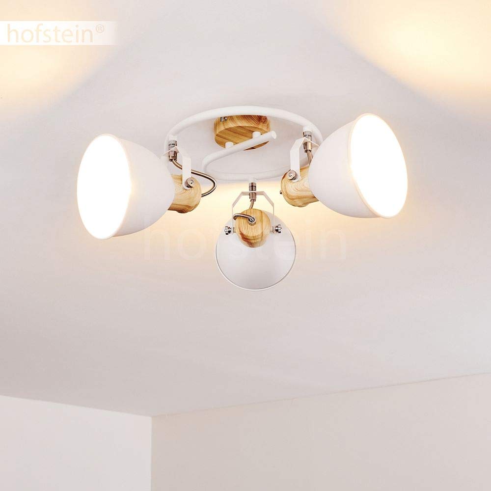 Plafoniera Banjul, plafoniera rotonda in metallo con ottica bianca/legno, a 3 luci, con faretti regolabili, 3 x attacco E27, spirale in design retrò/vintage, senza lampadina/e