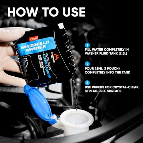 Image of JOPASU Windshield Washer Fluid Pouch for Car 25 ml x 20 = 500 ml | Super Concentrated Formula | 10 ml Makes 1L Strong Washer Fluid | Crystal Clear, Spot-Free, Streak-Free Shine