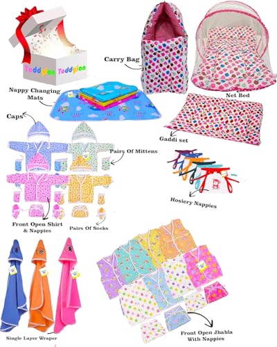 Image of Toddylon New Born Baby Essentials Kit 56 Combo Set (0-6 Months) | Newborn Baby Hospital Bag Kit | Infant Combo Set for New Born | Newborns Baby Dress & Clothing Set | Infants Essentials Kit (Pink)
