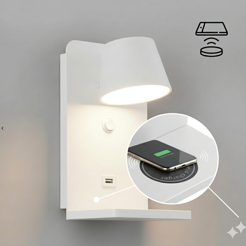 BARCELONA LED Wandleuchte "BASKOP W" Leselampe 6 W schwenkbar Kabellose Ladestation + USB-Port Moderne Wandleuchte ideal für Kopfteil, Schlafzimmer oder Schreibtisch