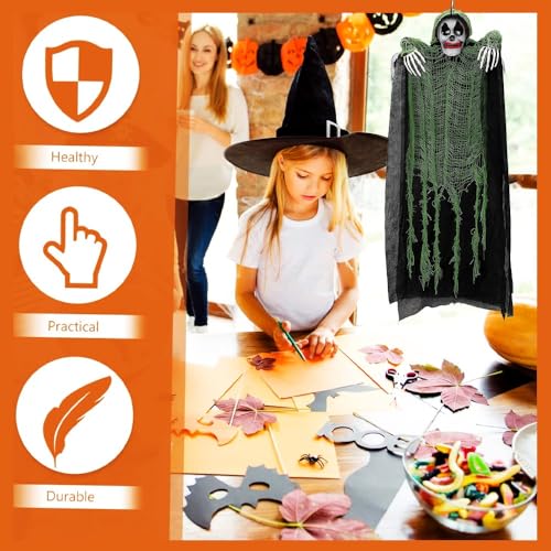 Image of Pop The Party Spooky Hanging Skeleton Ghost Decoration with Green Tattered Cloak - Scary Prop for Halloween, Haunted House & Party Decor