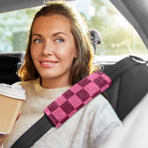 Image of Checkered Hot Pink Seat Belt Cover Pad 2 Pcs Soft Cute Seatbelt Covers Protector Support Head Neck Shoulder Strap for Car Seats High Chair Backpack for Adults Kids Women Men 10x7.7In 2 Pack