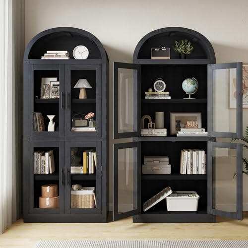 GarveeHome Arched Bookshelf with Doors Farmhouse Bookcase 15.83in Depth Display Storage Shelves 71.4in Tall Wooden Display Cabinet Rounded Bookcases for Living Room, Kitchen, Office (Black)