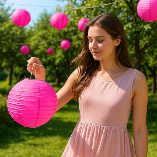 Image of Wanna Party 12 inch Fushia Round Paper Lanterns Decorative Hanging Chinese Japanese Paper Lanterns Lamp for Birthday Halloween Wedding Baby Bridal Shower Fall Home Decor Party Decoration