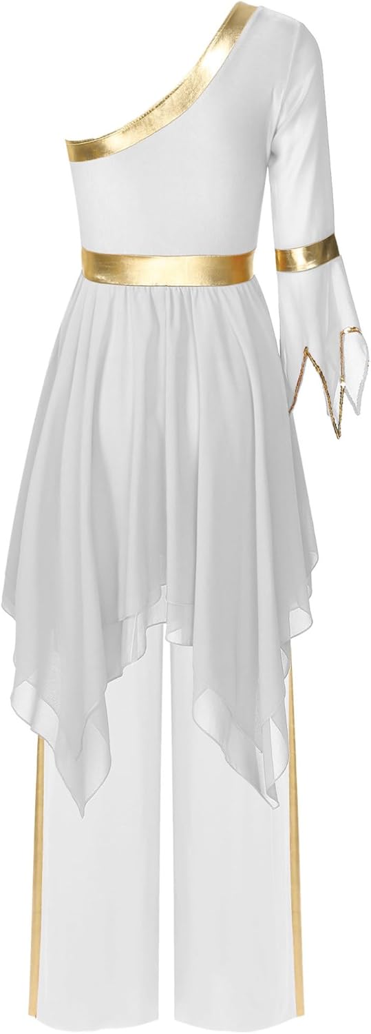 FEESHOW Women One Shoulder Liturgical Praise Dance Dress with Metallic Palazzo Pants Church Worship Outfits