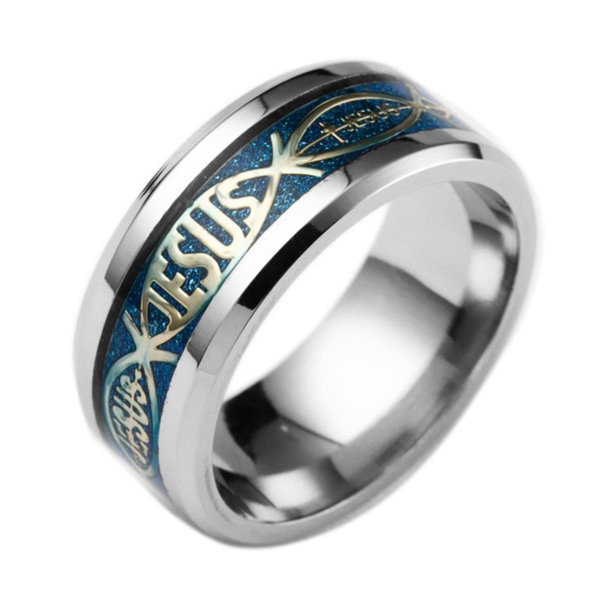 Yahoya Men's Blue-Gold Jesus Letter 316L Stainless Steel Ring For Religious Christian Wo Gift Jewelry Serenity Bible Cross Rings