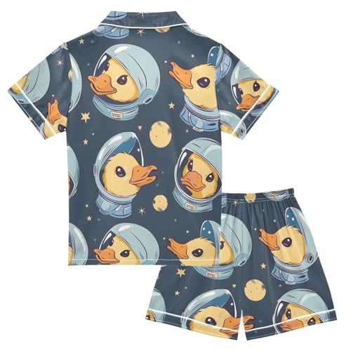 ALAZA Cute Astronaut Duck Space Pajamas Satin Pajama Set Short Sleeve Button Down Sleepwear2