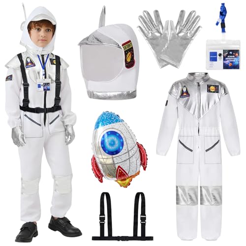 VICTERR Fantasia astronauta para crianças, fantasia de astronauta jogo de papel para crianças, com Astronaut Costume, capacete astronauta, luvas de prata, balão de foguete, para disfarces criança crianças Halloween carnaval (120-130 cm)