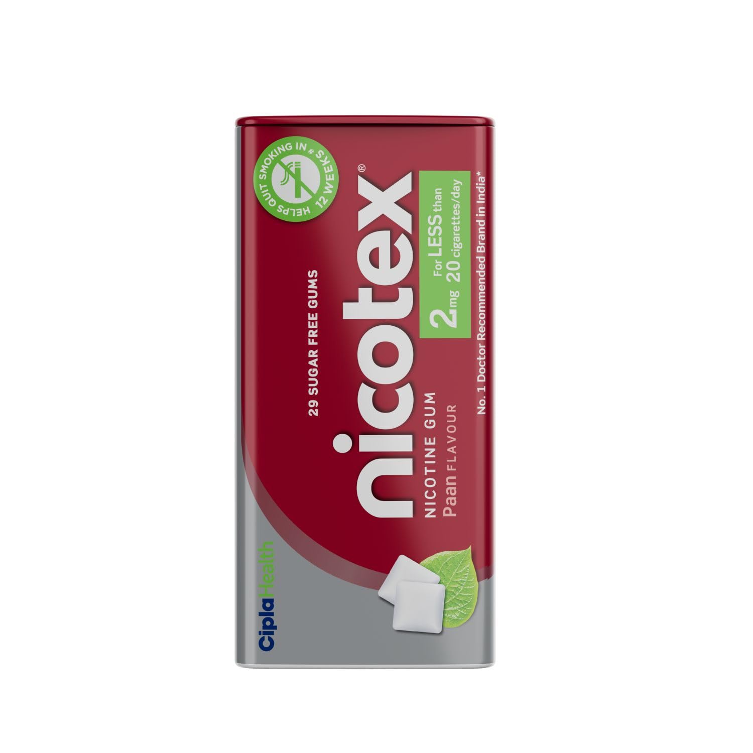 Cipla Nicotex Nicotine Sugar Free Paan Gums 2mg | Helps to Quit Smoking | WHO-approved Therapy | 29 Gums per Tin | Pack of 2