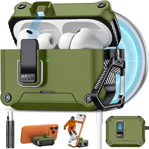 Image of Pohgelan for AirPods Pro 3 Case with Safety Lock-Dark Green | Magnetic Automatic Lock with Cleaning Kit&Keychain,Compatible with Magsafe