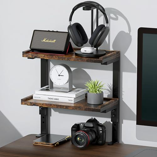 OUTIOE 2-Tier Desk Shelf, Expandable Under Desk Storage, Clamp on Desk Shelf, Desktop Accessories for Offices, Study Rooms, and Game Rooms (Wood)