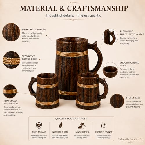 Image of Wide Verticle Grooves Wooden Beer Bar Combo Set|Barrel Shaped Mug|2 Small Beer Mug 350ML Size: 5 x 4 inches Each & 1 Beer Jug Large 750ML Size: 7 x 4.5 inches