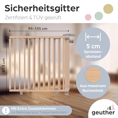 Geuther Treppenschutzgitter Oris | Türschutzgitter zum Anschrauben inkl. 2X Klemmen für Treppengeländer, Breite 95-135 cm | Stabiles Türgitter mit Schwenktür | Kindergitter Holz, Natur lackiert