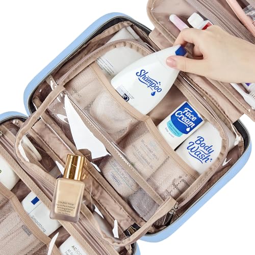 Image of NISHEL Travel Toiletry Bag for women, Portable Hanging Organizer for Travel-Sized Shampoo, Conditioner, Brushes Set, Makeup Accessories, Medium Size, Placid-Blue