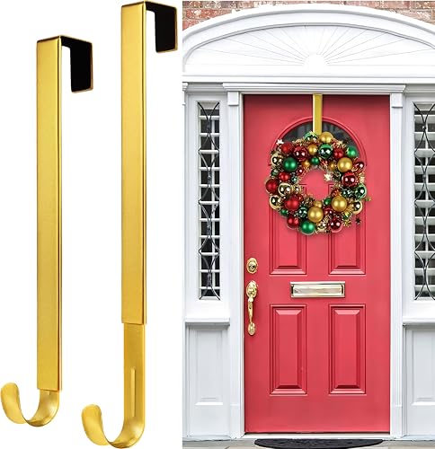 Gold Wreath Hanger Christmas Decorations Adjustable Wreath Hangers for Front Door Adjustable from 14.9-25 Inches Over The Door Hooks Organizer Larger Hangers Festival Wreaths Decorations Hook