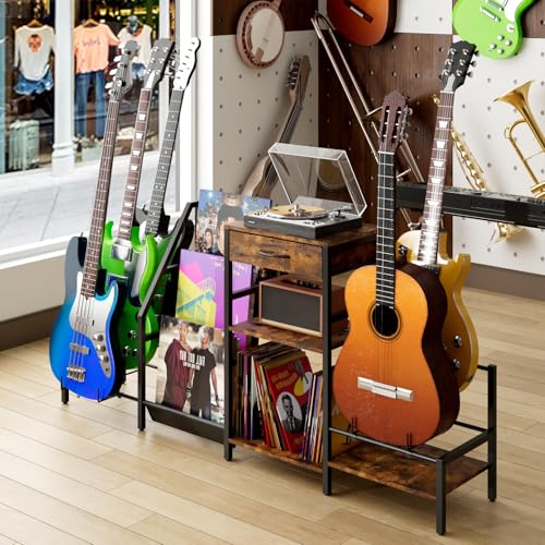 Kikihouse Guitar Stand for Multiple Guitars, Multi Guitar Stand with Amp Shelf and Vinyl Record Storage, Guitar Rack for Acoustic, Electric, Bass & Ukulele Heavy Duty Music Studio Organizer