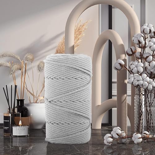 Image of ZUEXT Macrame Cord, Light Grey, 6mm x 109yds Cotton String Macrame Yarn | 100% Natural Handmade, 4 Strands Twisted Cotton Rope, For Wall Hanging Plant Hangers Gift Wrapping Tapestry DIY Crafts, 100m
