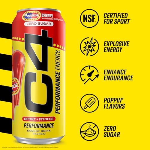 Cellucor C4 Energy Drink Cherry, Carbonated Sugar Free Pre Workout Performance Drink with no Artificial Colors or Dyes, 16 Oz, Pack of 12