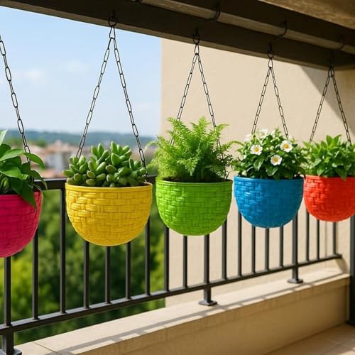 Image of Plastic Chain Hanging Round Basket Pots | Pack of 6 | Multicolor Hanging Planter for Indoor & Outdoor Use | Durable, Weather-Resistant, Decorative Flower Pots
