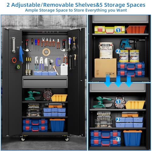 Image of Aobabo 71 inch H Metal Storage Cabinet with Wheels with 5 Pegboards and 1 Drawer,Lockable Steel Tool Cabinet for Garage,Warehouse,Assembly Required,Black