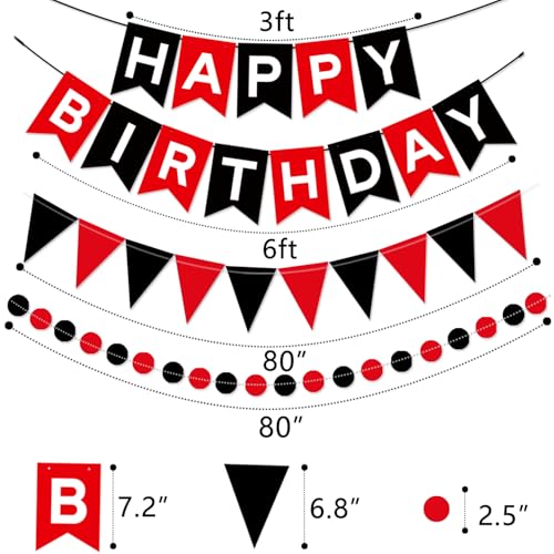 Image of Black & Red Birthday Party Decorations - Happy Birthday Banner, Honeycomb Balls, Star Streamers, Circle Dots, Triangle Flags Bunting