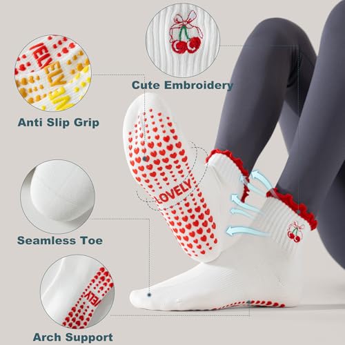 Image of BISOUSOX Pilates Socks Cute Grippy Socks Woman, Ruffle Frilly Grip Ankle Lettuce Dress Yoga Non Slip Sock Size 5 7-9