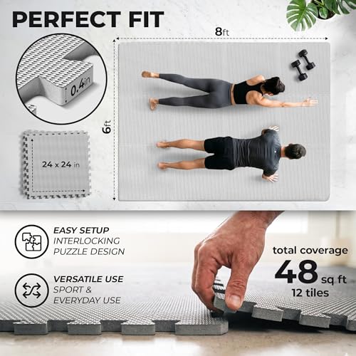 Image of bemaxx Gym Mats Set - 12 pcs EVA Interlocking Foam Floor Tiles (24.4 inchx24.4 inchx0.4 inch) 48 sqft Protective Gym Flooring Sports Home Workout Exercise Mats Puzzle Garage Fitness Play-Room Pool Treadmill Bike