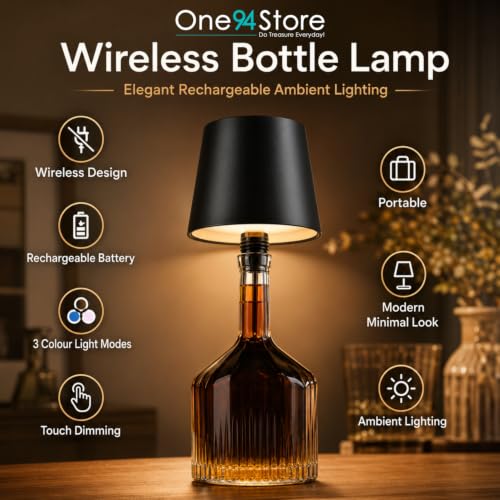 Image of One94Store Wireless Bottle Lamp, Rechargeable Cordless LED Table Lamp with 3 Colour Modes, Touch Dimming, Portable Battery Desk Night Light for Cafe, Restaurant, Bedroom & Living Room, Black.